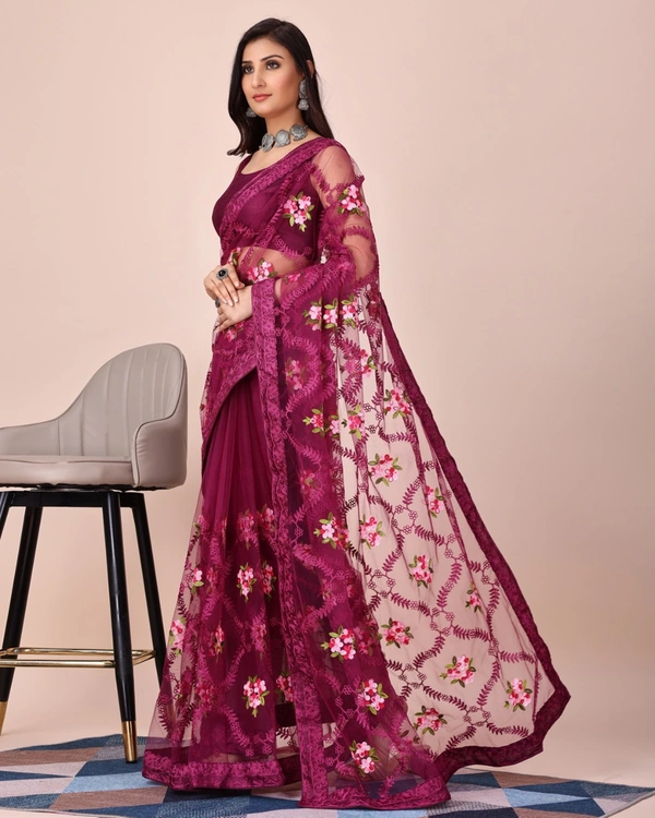 FWVLS CHIKANKARI EMBROIDERED SOFT NET SAREE WITH BLOUSE PIECE - Redish Purple