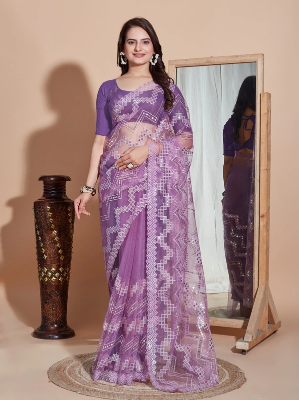 FWVLS DESIGNER SOFT NET SEQUINS WORK SAREE WITH BLOUSE PIECE - Purple