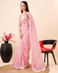 FWVLS PARTY WEAR SEQUINS EMBROIDERED SOFT NET SAREE WITH BLOUSE - Pink