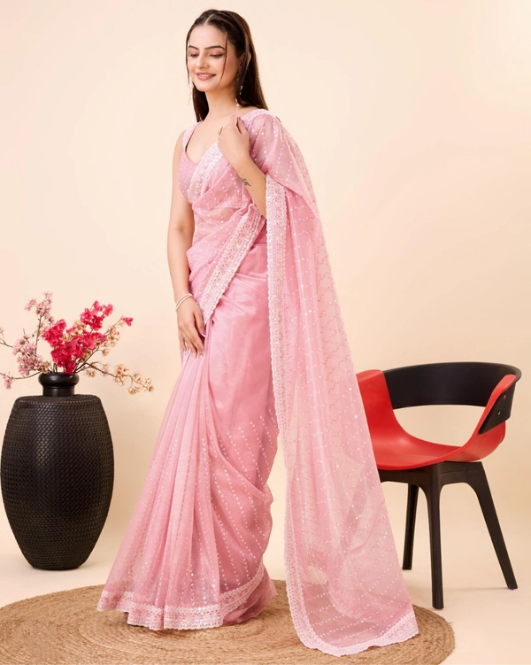 FWVLS PARTY WEAR SEQUINS EMBROIDERED SOFT NET SAREE WITH BLOUSE - Pink