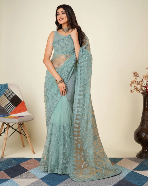FWVLS SOFT NET CHIKANKARI EMBROIDRED SAREEE WITH BLOUSE PIECE - Blueish Grey