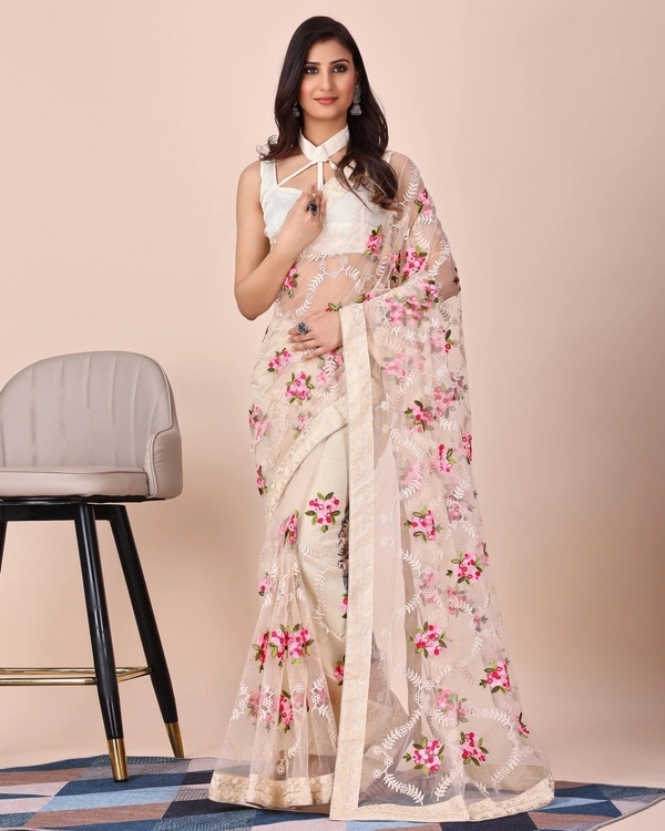 FWVLS CHIKANKARI EMBROIDERED SOFT NET SAREE WITH BLOUSE PIECE - Cream