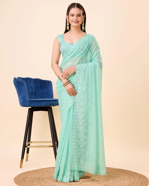 FWVLS PARTY WEAR TABBY SILK ORGANZA SAREE WITH BLOUSE PIECE - Aqua