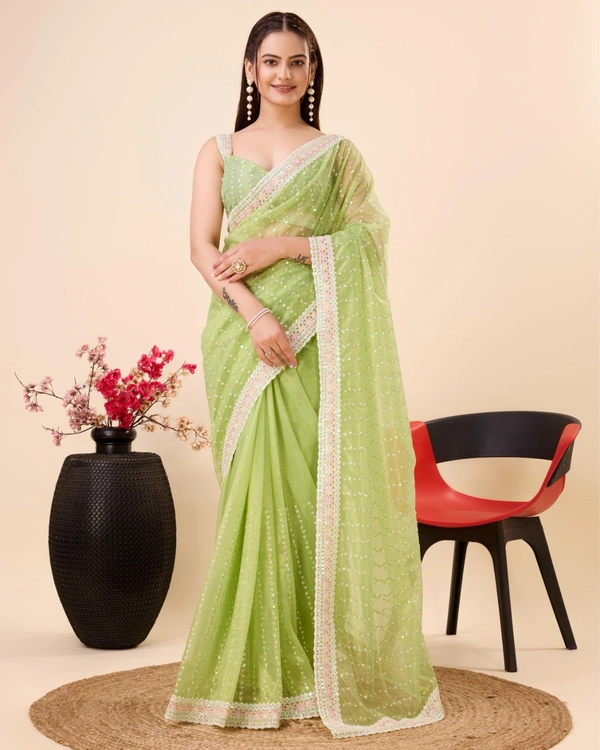 PARTY WEAR SEQUINS EMBROIDERED SOFT NET SAREE WITH BLOUSE