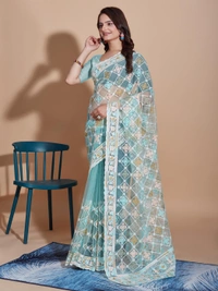 FWVLS BUTTERFLY NET PARTY WEAR EMBROIDRED SAREE WITH BLOUSE - Cloud Blue
