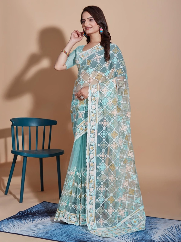 FWVLS BUTTERFLY NET PARTY WEAR EMBROIDRED SAREE WITH BLOUSE - Cloud Blue