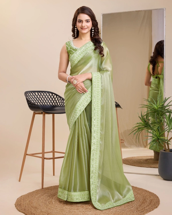 FWVLS PARTY WEAR EMBROIDERED SAREE WITH BLOUSE PIECE  - Swamp Green