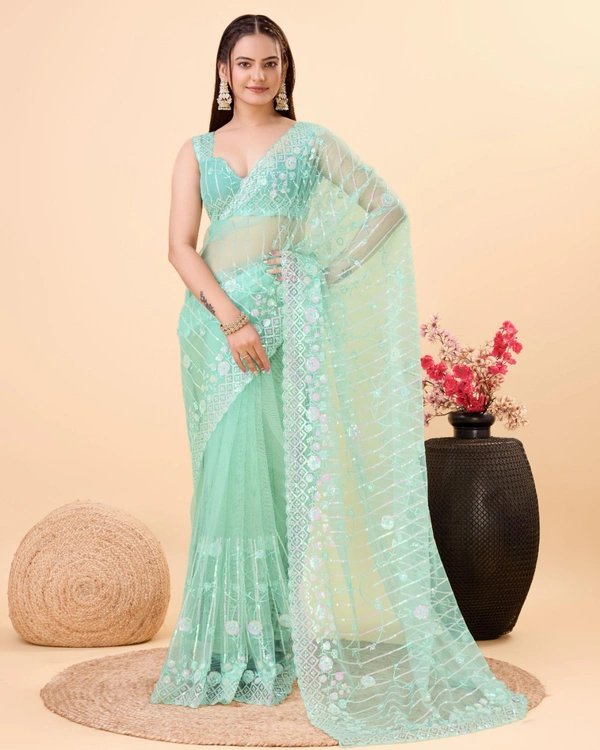 FWVLS PARTY WEAR SOFT NET EMBROIDERED DESIGNER SAREE WITH BLOUSE PIECE - Moss Green