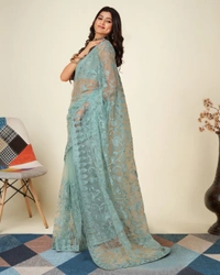 FWVLS SOFT NET CHIKANKARI EMBROIDRED SAREEE WITH BLOUSE PIECE - Blueish Grey