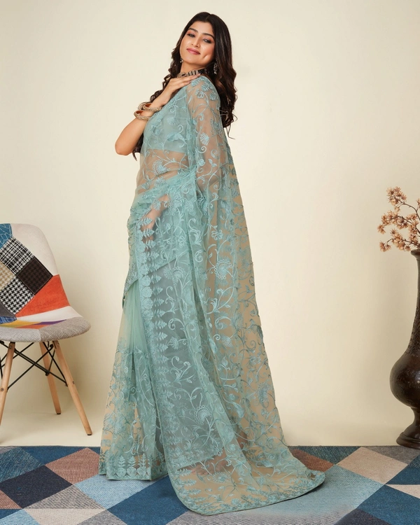 FWVLS SOFT NET CHIKANKARI EMBROIDRED SAREEE WITH BLOUSE PIECE - Blueish Grey