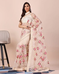 FWVLS CHIKANKARI EMBROIDERED SOFT NET SAREE WITH BLOUSE PIECE - Cream