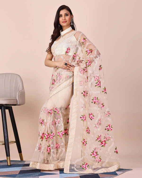 FWVLS CHIKANKARI EMBROIDERED SOFT NET SAREE WITH BLOUSE PIECE - Cream
