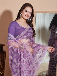 FWVLS DESIGNER SOFT NET SEQUINS WORK SAREE WITH BLOUSE PIECE - Purple