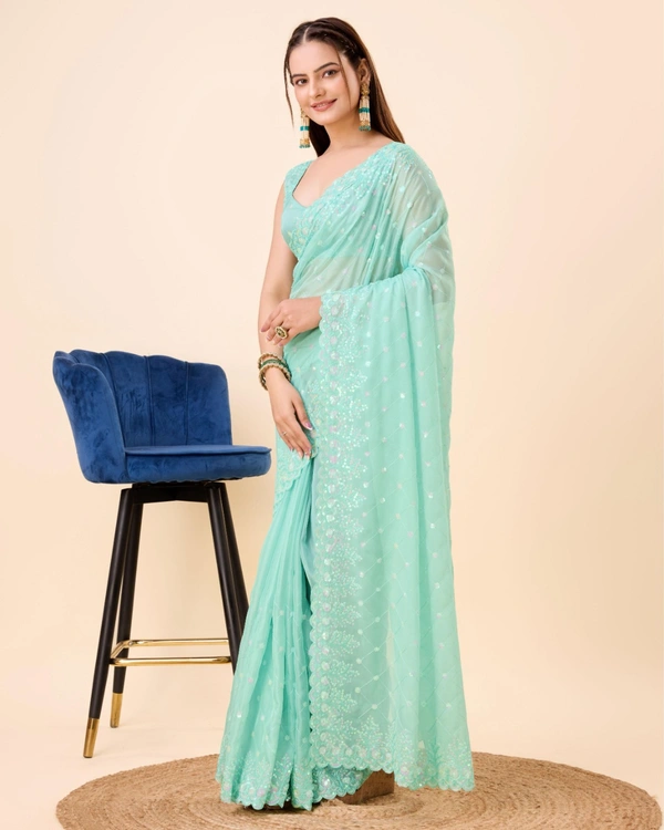 FWVLS PARTY WEAR TABBY SILK ORGANZA SAREE WITH BLOUSE PIECE - Aqua