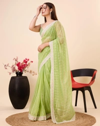 FWVLS PARTY WEAR SEQUINS EMBROIDERED SOFT NET SAREE WITH BLOUSE - Green
