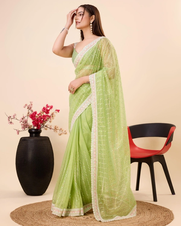 FWVLS PARTY WEAR SEQUINS EMBROIDERED SOFT NET SAREE WITH BLOUSE - Green