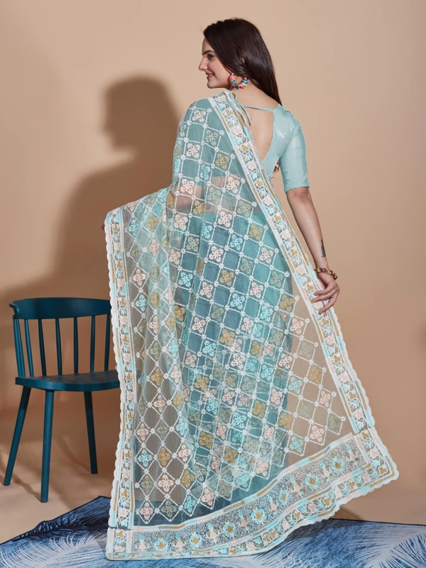 FWVLS BUTTERFLY NET PARTY WEAR EMBROIDRED SAREE WITH BLOUSE - Cloud Blue