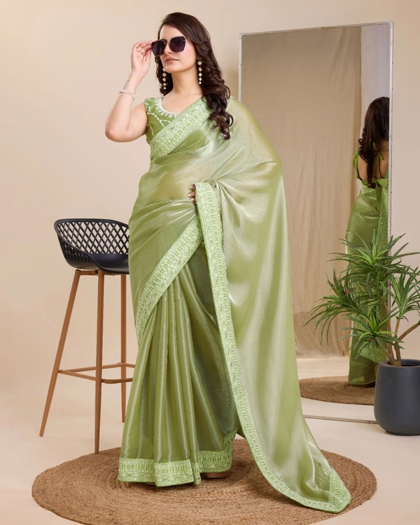 FWVLS PARTY WEAR EMBROIDERED SAREE WITH BLOUSE PIECE  - Swamp Green
