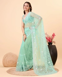 FWVLS PARTY WEAR SOFT NET EMBROIDERED DESIGNER SAREE WITH BLOUSE PIECE - Moss Green