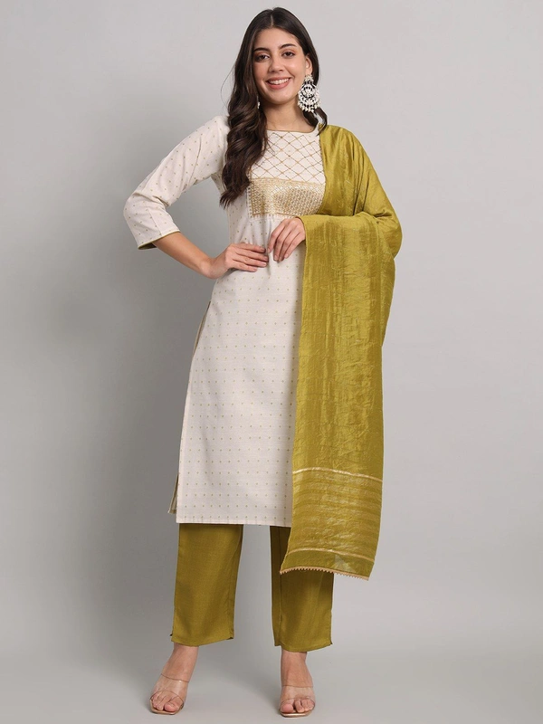 FWVT BEAUTIFEL NECK EMBROIDERED KURTI SET WITH DUPATTA - M-38, White