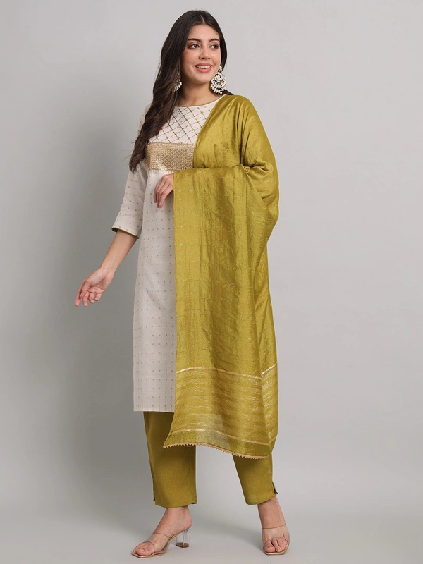 FWVT BEAUTIFEL NECK EMBROIDERED KURTI SET WITH DUPATTA - M-38, White