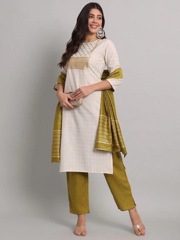 FWVT BEAUTIFEL NECK EMBROIDERED KURTI SET WITH DUPATTA - M-38, White
