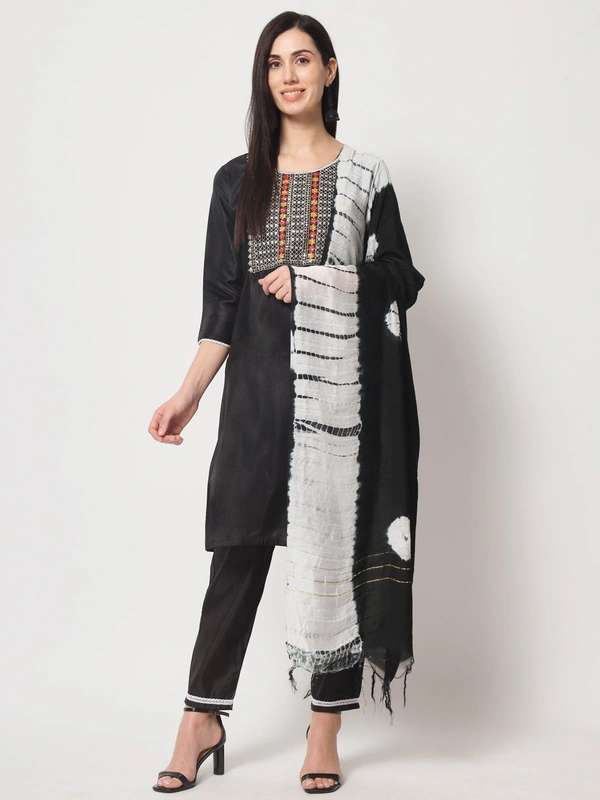 FWVT BEAUTIFUL SOUTH SILK KURTI BOTTOM DUPATTA SET - M-38, Black