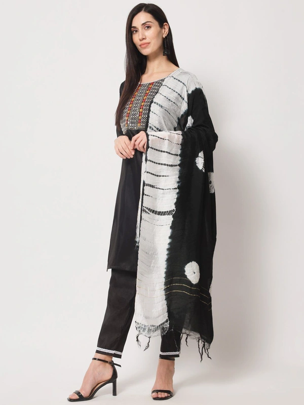 FWVT BEAUTIFUL SOUTH SILK KURTI BOTTOM DUPATTA SET - M-38, Black