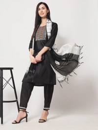 FWVT BEAUTIFUL SOUTH SILK KURTI BOTTOM DUPATTA SET - M-38, Black