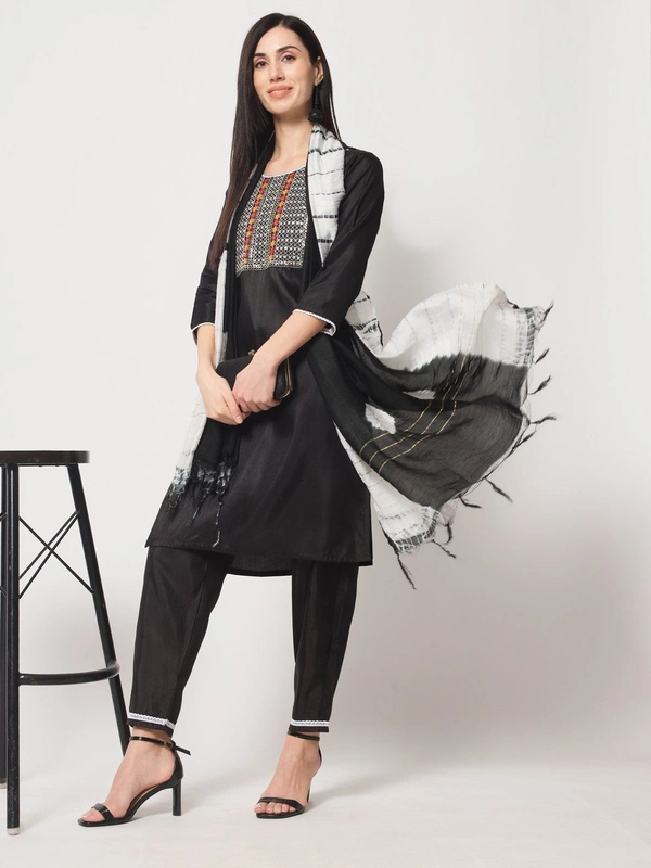 FWVT BEAUTIFUL SOUTH SILK KURTI BOTTOM DUPATTA SET - M-38, Black