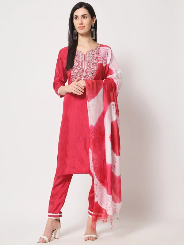 FWVT BEAUTIFUL SOUTH SILK KURTI BOTTOM DUPATTA SET - M-38, Red