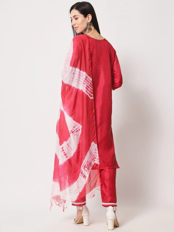 FWVT BEAUTIFUL SOUTH SILK KURTI BOTTOM DUPATTA SET - M-38, Red