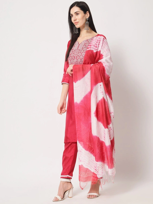 FWVT BEAUTIFUL SOUTH SILK KURTI BOTTOM DUPATTA SET - M-38, Red