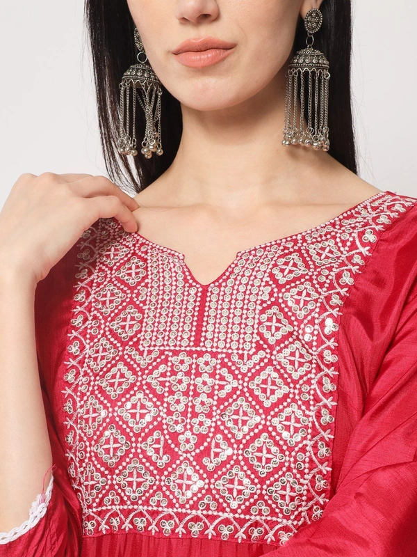 FWVT BEAUTIFUL SOUTH SILK KURTI BOTTOM DUPATTA SET - M-38, Red
