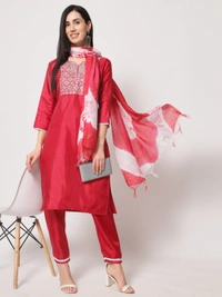 FWVT BEAUTIFUL SOUTH SILK KURTI BOTTOM DUPATTA SET - M-38, Red