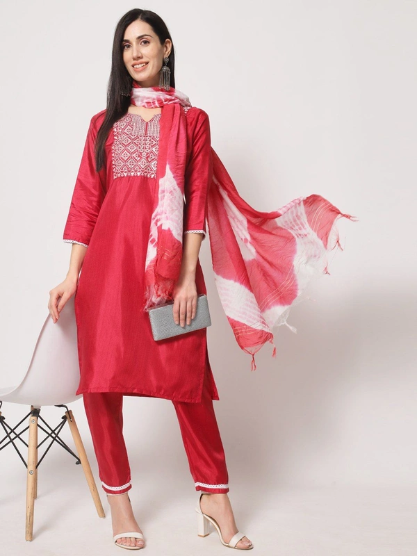 FWVT BEAUTIFUL SOUTH SILK KURTI BOTTOM DUPATTA SET - M-38, Red