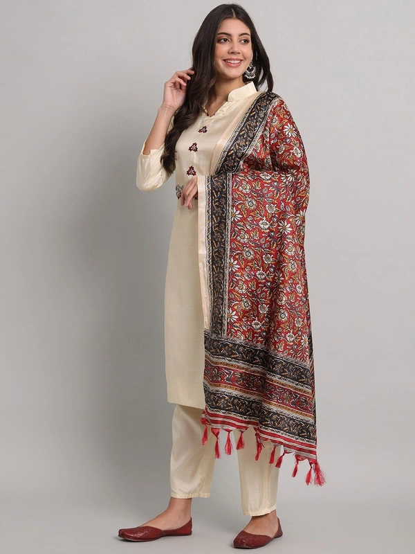 FWVT BEAUTIFUL SOUTH SILK PRINTED KURTI SET WITH DUPATTAA - M-38, Cream