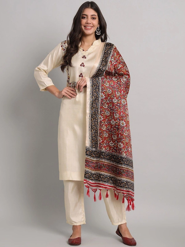 FWVT BEAUTIFUL SOUTH SILK PRINTED KURTI SET WITH DUPATTAA - M-38, Cream
