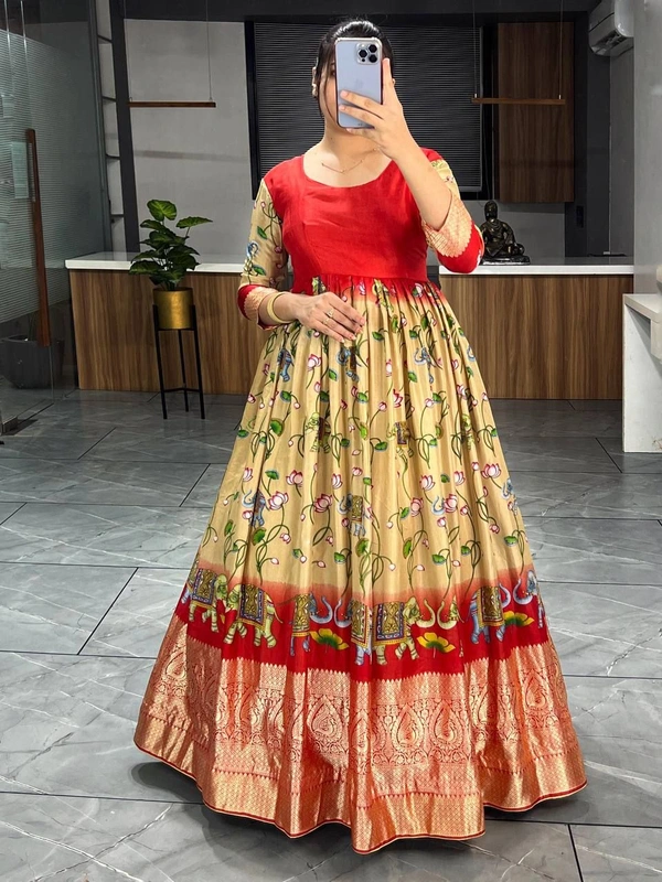 FWGI BEAUTIFUT KALAMKARI SOFT SILK FLAIRED GOWN - L-40, Red