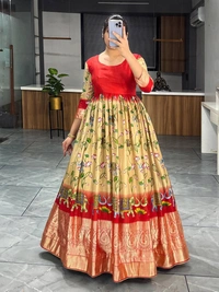 FWGI BEAUTIFUT KALAMKARI SOFT SILK FLAIRED GOWN - L-40, Red