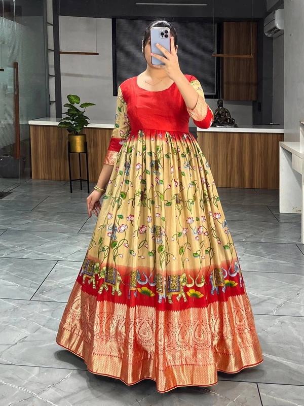 FWGI BEAUTIFUT KALAMKARI SOFT SILK FLAIRED GOWN - L-40, Red