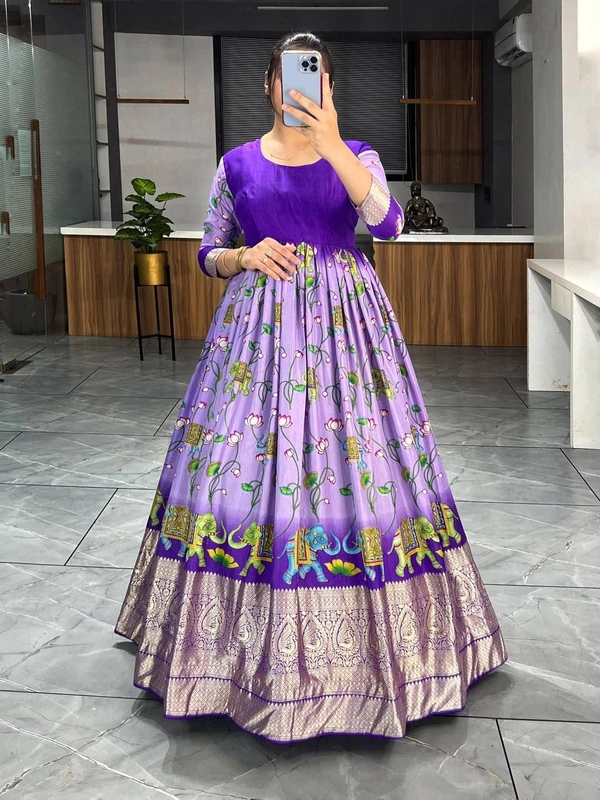 FWGI BEAUTIFUT KALAMKARI SOFT SILK FLAIRED GOWN - L-40, Purple