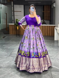 FWGI BEAUTIFUT KALAMKARI SOFT SILK FLAIRED GOWN - L-40, Purple