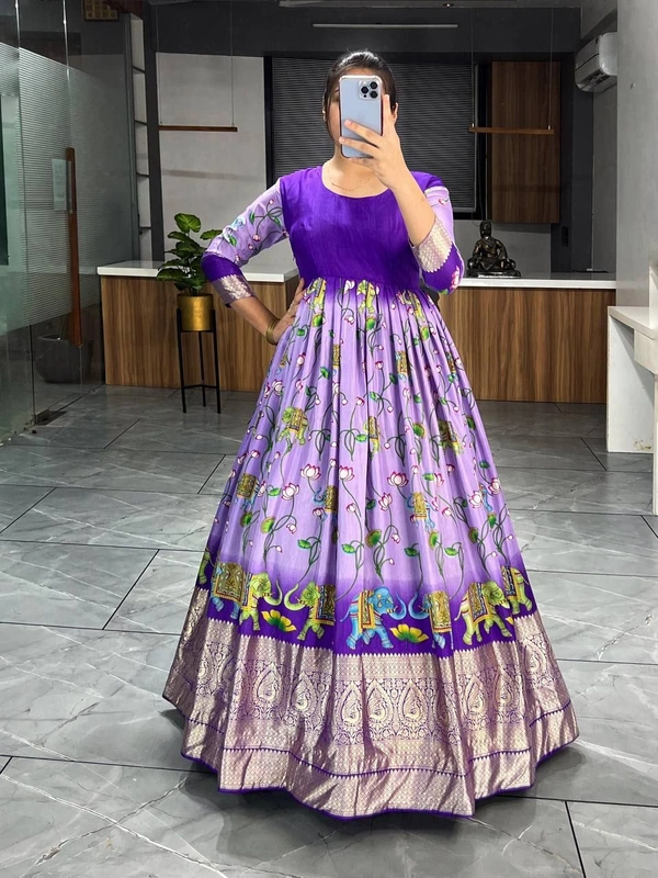 FWGI BEAUTIFUT KALAMKARI SOFT SILK FLAIRED GOWN - L-40, Purple