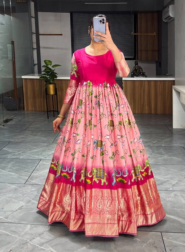 FWGI BEAUTIFUT KALAMKARI SOFT SILK FLAIRED GOWN - L-40, Pink