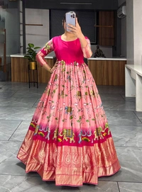 FWGI BEAUTIFUT KALAMKARI SOFT SILK FLAIRED GOWN - L-40, Pink