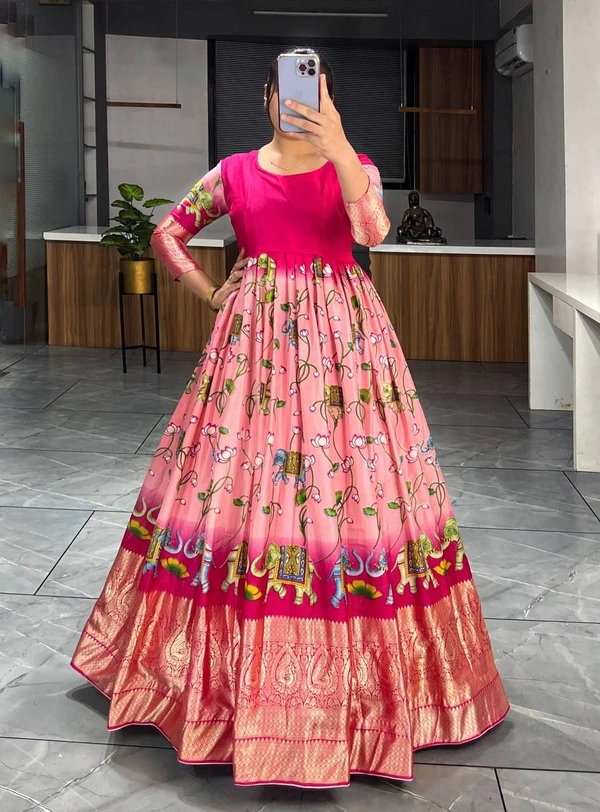 FWGI BEAUTIFUT KALAMKARI SOFT SILK FLAIRED GOWN - L-40, Pink