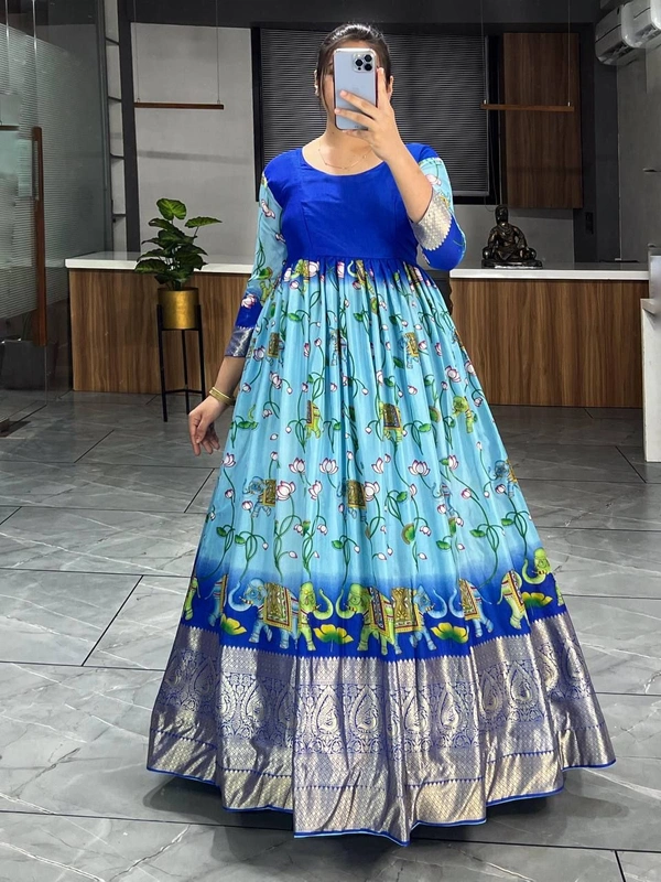 FWGI BEAUTIFUT KALAMKARI SOFT SILK FLAIRED GOWN - L-40, Blue
