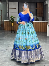 FWGI BEAUTIFUT KALAMKARI SOFT SILK FLAIRED GOWN - L-40, Blue