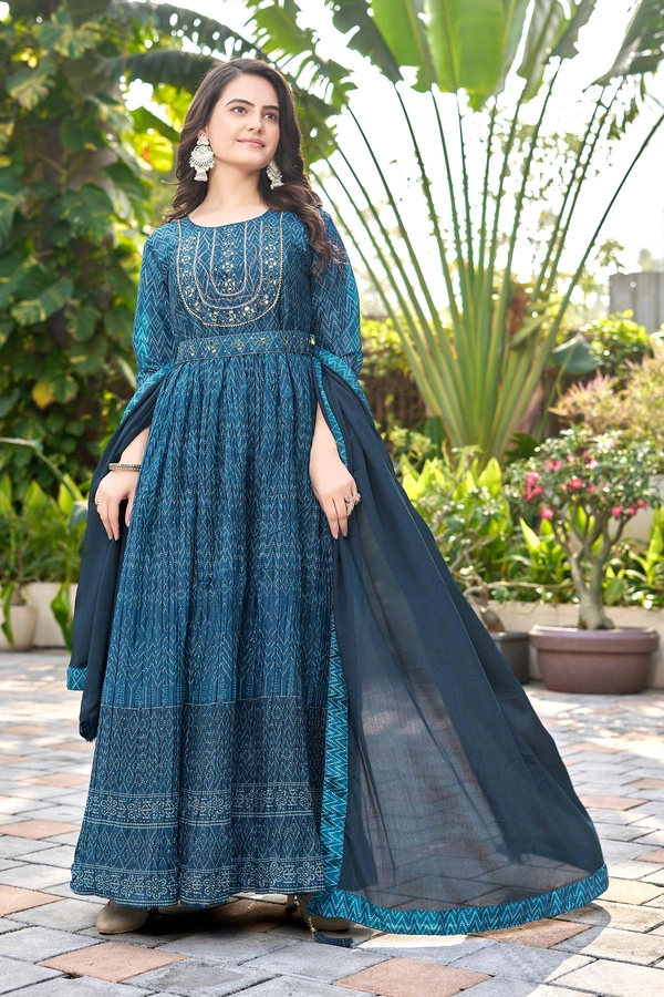 GC DIGITAL PRINTD CHINNON GOWN DUPATTA WITH BELT - M-38, Blue